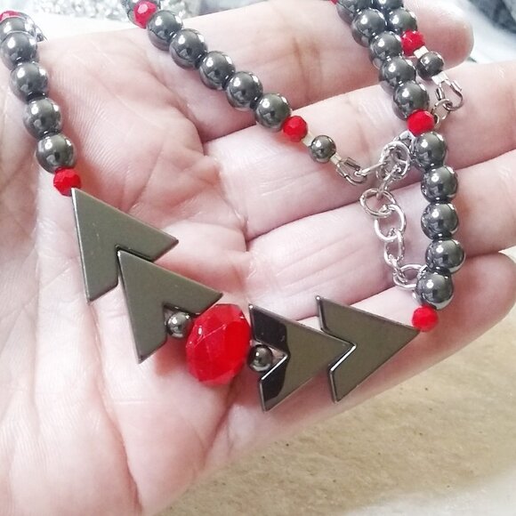 Sexy Red + Gray Hematite Choker 17-19"  Calming, Grounding, Clearing, Protection - Picture 6 of 7